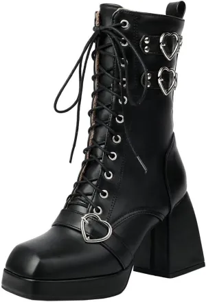 DINTAHA Womens Chunky Heeled Combat Boots Goth Platform Boots with Buckles Lace Up Platform Boots Square Toe Gothic Boots
