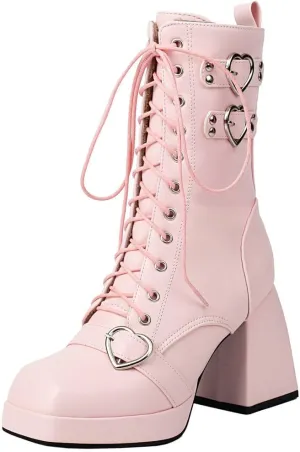 DINTAHA Womens Chunky Heeled Combat Boots Goth Platform Boots with Buckles Lace Up Platform Boots Square Toe Gothic Boots