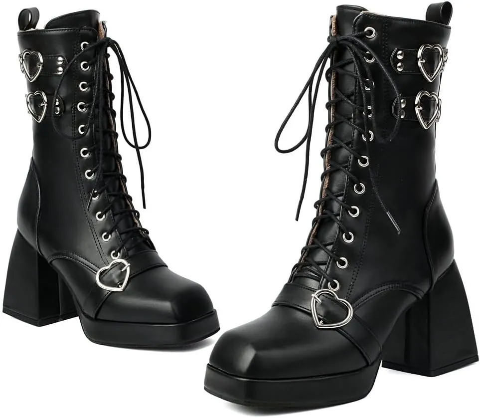 DINTAHA Womens Chunky Heeled Combat Boots Goth Platform Boots with Buckles Lace Up Platform Boots Square Toe Gothic Boots