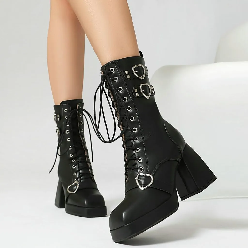 DINTAHA Womens Chunky Heeled Combat Boots Goth Platform Boots with Buckles Lace Up Platform Boots Square Toe Gothic Boots