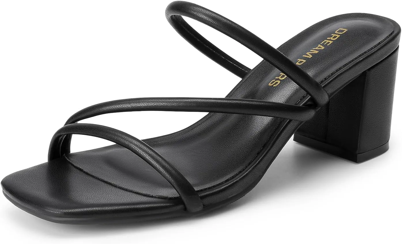 DREAM PAIRS Women's Strappy Heels Open Toe Low Chunky Heel Slip On Mules Square Block Sandals Dress Shoes