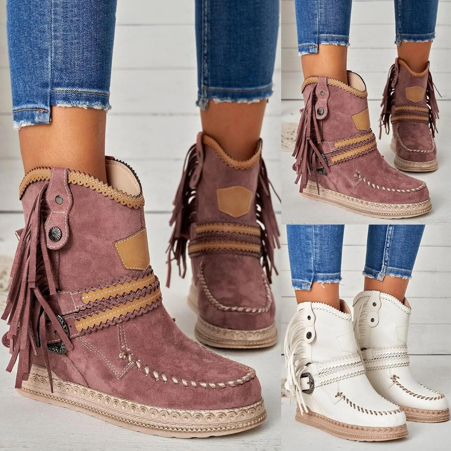 Eduavar Cowboy Boots for Women Cowboy Style, Western Boots Women Tassel Boots Western Ankle Booties Square Toe Platform Boots