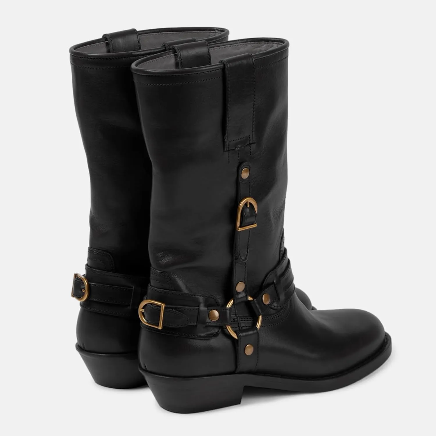 Elbslutt Mid Calf Boots For Women Motorcycle Boots Biker Riding Booties Low Heel Round Toe Chunky Block Heel Fashion Buckle Trendy Stylish Shoes Booties