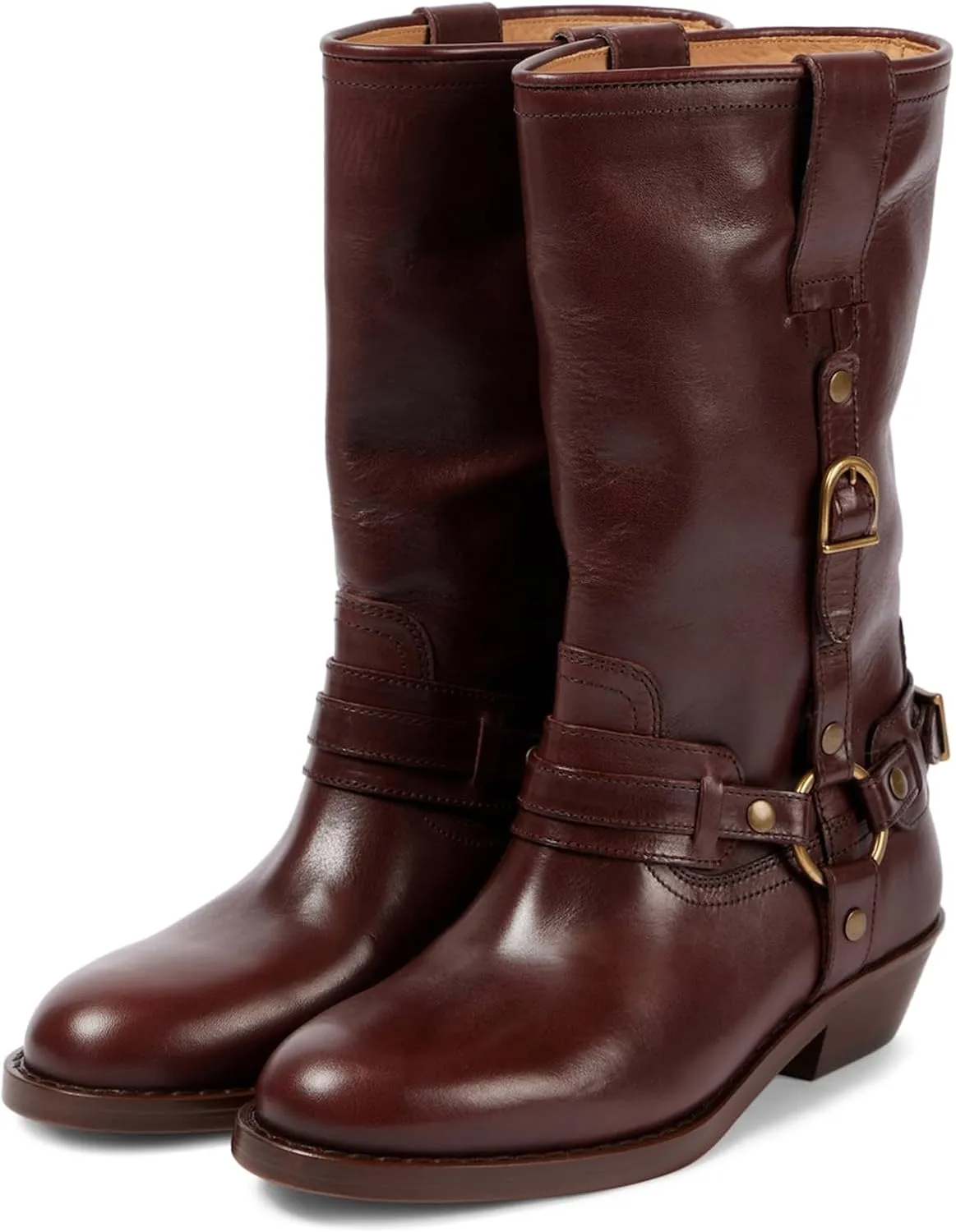 Elbslutt Mid Calf Boots For Women Motorcycle Boots Biker Riding Booties Low Heel Round Toe Chunky Block Heel Fashion Buckle Trendy Stylish Shoes Booties