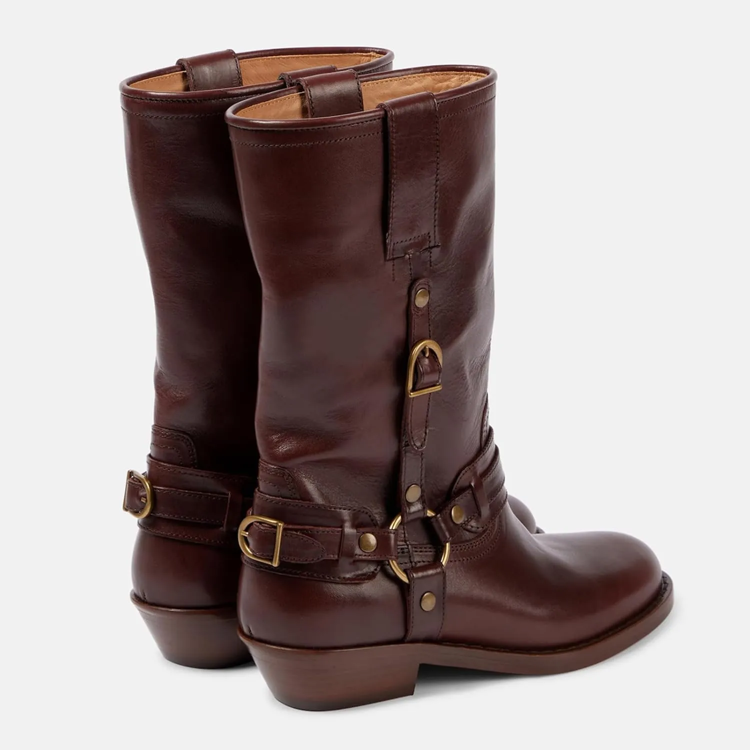 Elbslutt Mid Calf Boots For Women Motorcycle Boots Biker Riding Booties Low Heel Round Toe Chunky Block Heel Fashion Buckle Trendy Stylish Shoes Booties