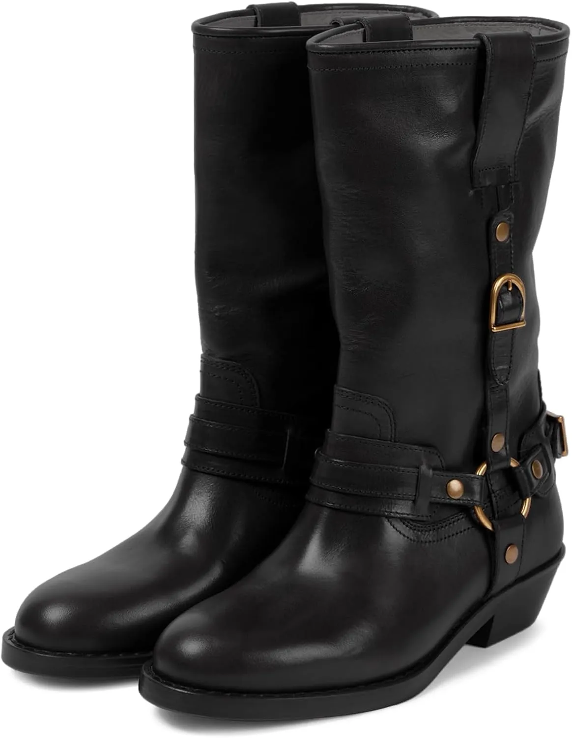 Elbslutt Mid Calf Boots For Women Motorcycle Boots Biker Riding Booties Low Heel Round Toe Chunky Block Heel Fashion Buckle Trendy Stylish Shoes Booties