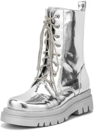 Elbslutt Womens Combat Boots Metallic Silver Leather Mid Calf Boots for Women Chunky Platform Heel Lace Up Combat Boots Buckle Military Combat Boots with Zipper