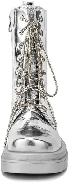 Elbslutt Womens Combat Boots Metallic Silver Leather Mid Calf Boots for Women Chunky Platform Heel Lace Up Combat Boots Buckle Military Combat Boots with Zipper