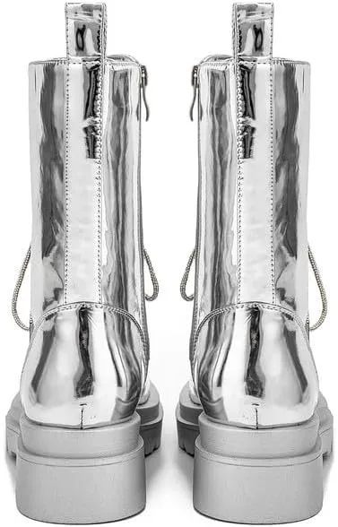 Elbslutt Womens Combat Boots Metallic Silver Leather Mid Calf Boots for Women Chunky Platform Heel Lace Up Combat Boots Buckle Military Combat Boots with Zipper