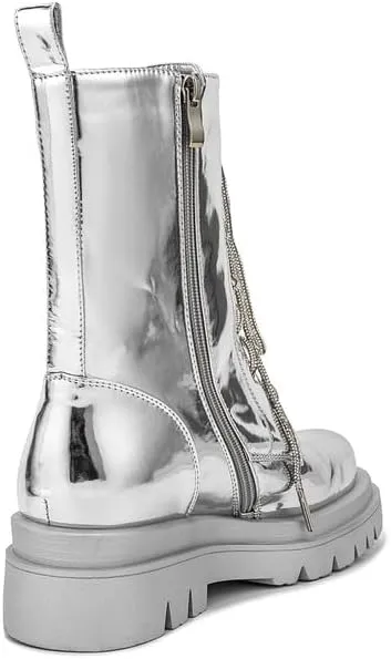 Elbslutt Womens Combat Boots Metallic Silver Leather Mid Calf Boots for Women Chunky Platform Heel Lace Up Combat Boots Buckle Military Combat Boots with Zipper