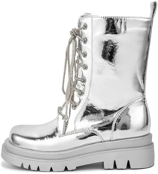 Elbslutt Womens Combat Boots Metallic Silver Leather Mid Calf Boots for Women Chunky Platform Heel Lace Up Combat Boots Buckle Military Combat Boots with Zipper