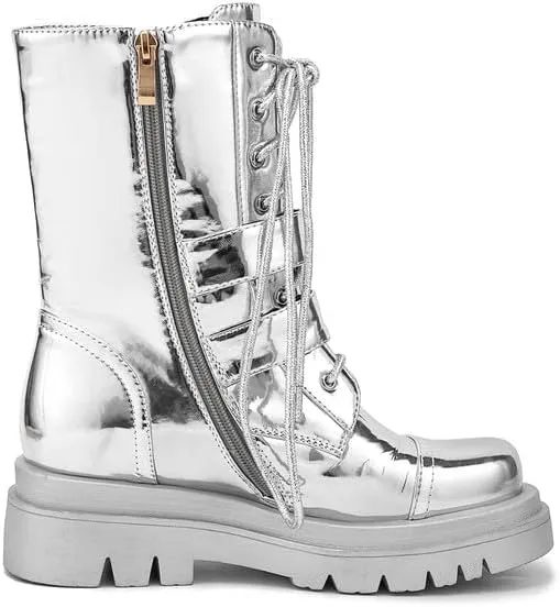 Elbslutt Womens Combat Boots Metallic Silver Leather Mid Calf Boots for Women Chunky Platform Heel Lace Up Combat Boots Buckle Military Combat Boots with Zipper