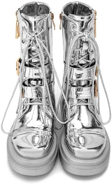 Elbslutt Womens Combat Boots Metallic Silver Leather Mid Calf Boots for Women Chunky Platform Heel Lace Up Combat Boots Buckle Military Combat Boots with Zipper
