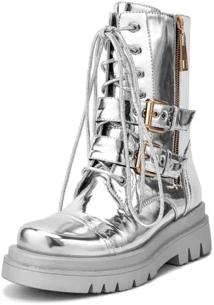 Elbslutt Womens Combat Boots Metallic Silver Leather Mid Calf Boots for Women Chunky Platform Heel Lace Up Combat Boots Buckle Military Combat Boots with Zipper