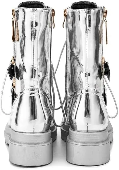 Elbslutt Womens Combat Boots Metallic Silver Leather Mid Calf Boots for Women Chunky Platform Heel Lace Up Combat Boots Buckle Military Combat Boots with Zipper