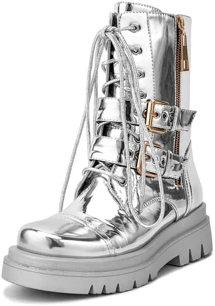 Elbslutt Womens Combat Boots Metallic Silver Leather Mid Calf Boots for Women Chunky Platform Heel Lace Up Combat Boots Buckle Military Combat Boots with Zipper