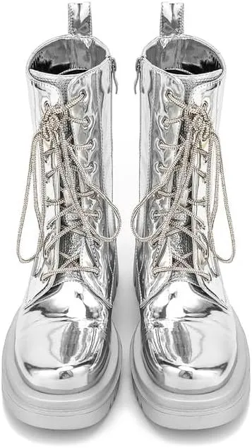 Elbslutt Womens Combat Boots Metallic Silver Leather Mid Calf Boots for Women Chunky Platform Heel Lace Up Combat Boots Buckle Military Combat Boots with Zipper