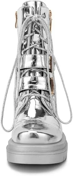 Elbslutt Womens Combat Boots Metallic Silver Leather Mid Calf Boots for Women Chunky Platform Heel Lace Up Combat Boots Buckle Military Combat Boots with Zipper