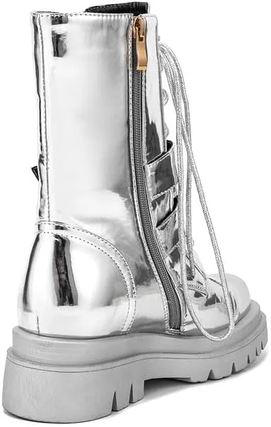 Elbslutt Womens Combat Boots Metallic Silver Leather Mid Calf Boots for Women Chunky Platform Heel Lace Up Combat Boots Buckle Military Combat Boots with Zipper