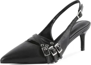Eldof Women Slingback Heels Eyelet Buckle Strap Pointed Toe Slip On Kitten Heel Pumps Shoes Dressy 2.5 Inches