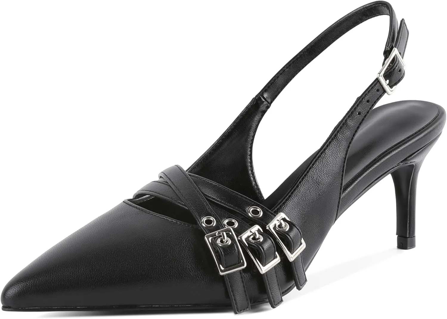 Eldof Women Slingback Heels Eyelet Buckle Strap Pointed Toe Slip On Kitten Heel Pumps Shoes Dressy 2.5 Inches