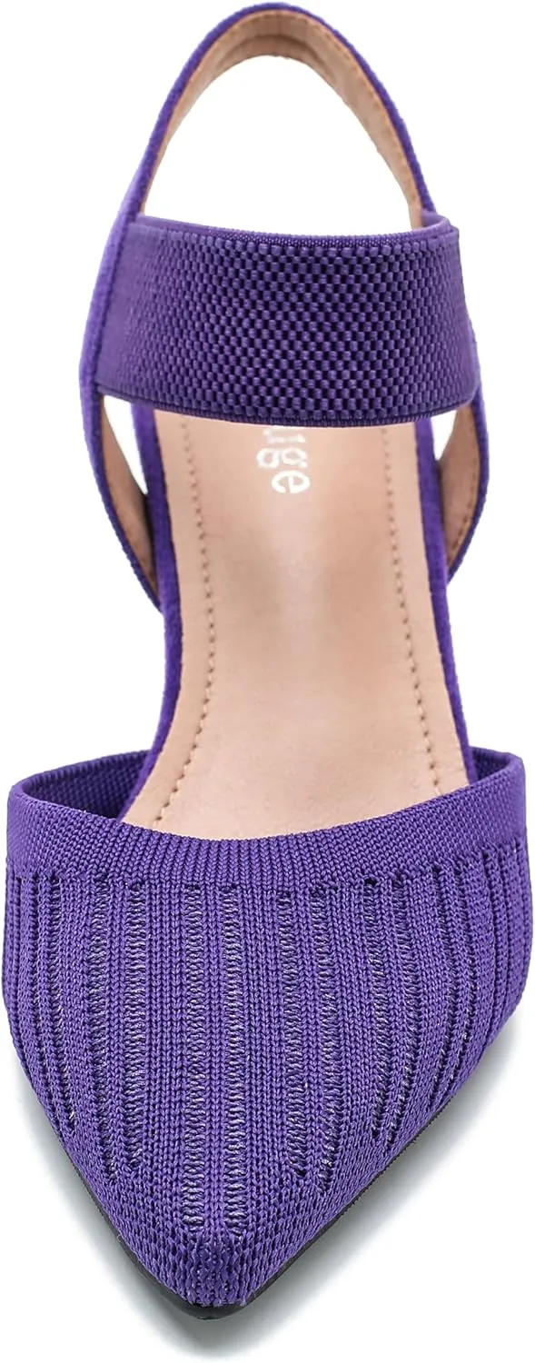 Enelauge Women's Closed Toe Low Kitten Heels Knit Pumps Elastic Ankle Strap Sandals Slingback Pointed Toe Wedding Prom Dress Shoes