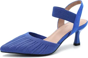 Enelauge Women's Closed Toe Low Kitten Heels Knit Pumps Elastic Ankle Strap Sandals Slingback Pointed Toe Wedding Prom Dress Shoes