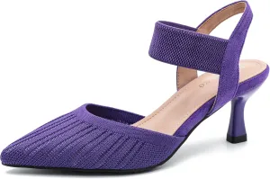 Enelauge Women's Closed Toe Low Kitten Heels Knit Pumps Elastic Ankle Strap Sandals Slingback Pointed Toe Wedding Prom Dress Shoes