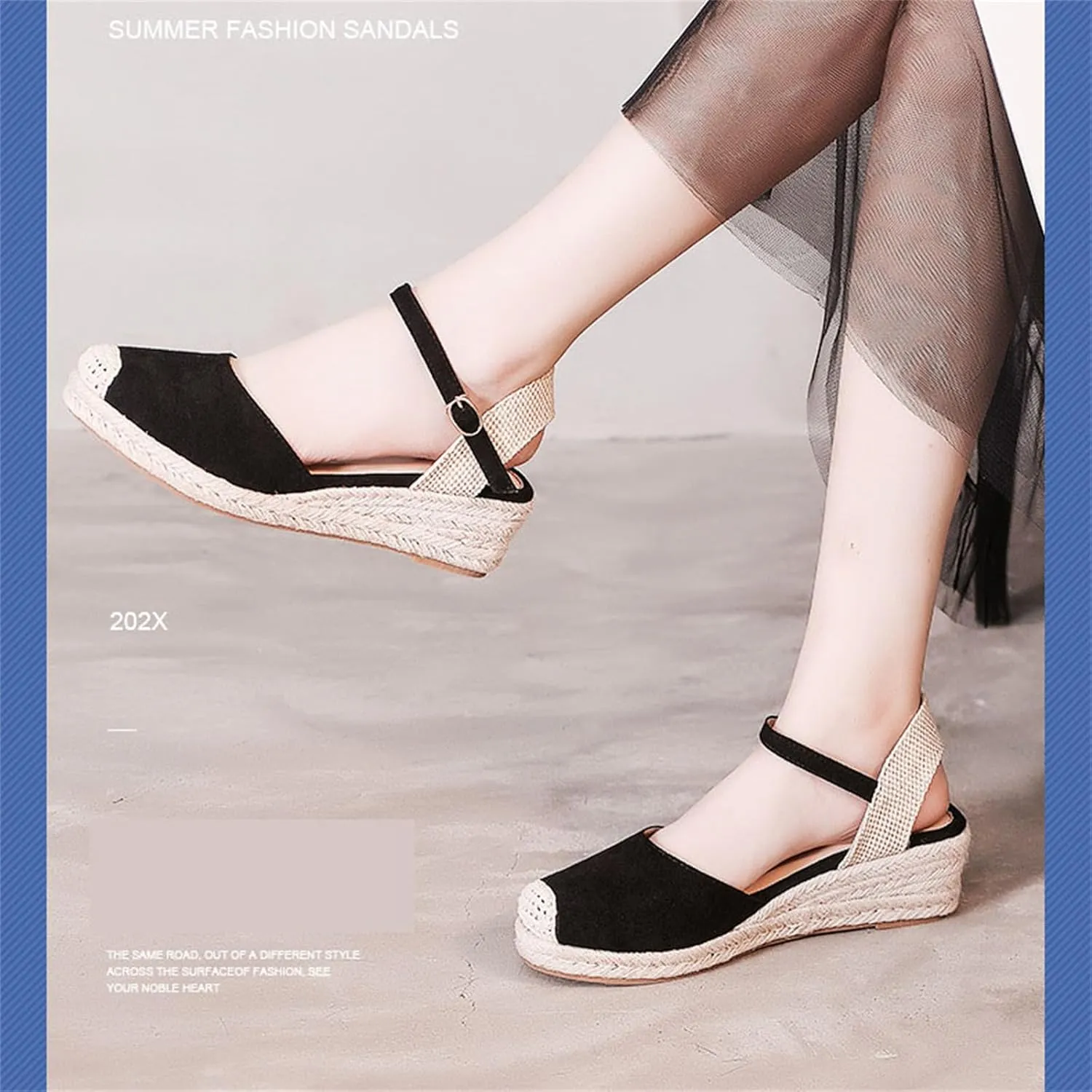 FAIRSOMA Women'S Woven Wedge Espadrilles Sandals With Adjustable Ankle Strap Buckle,Summer Classic Close Round Toe Middle Heel Backless Platform Dress Shoes Casual Retro Beach Sandals