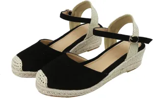 FAIRSOMA Women'S Woven Wedge Espadrilles Sandals With Adjustable Ankle Strap Buckle,Summer Classic Close Round Toe Middle Heel Backless Platform Dress Shoes Casual Retro Beach Sandals