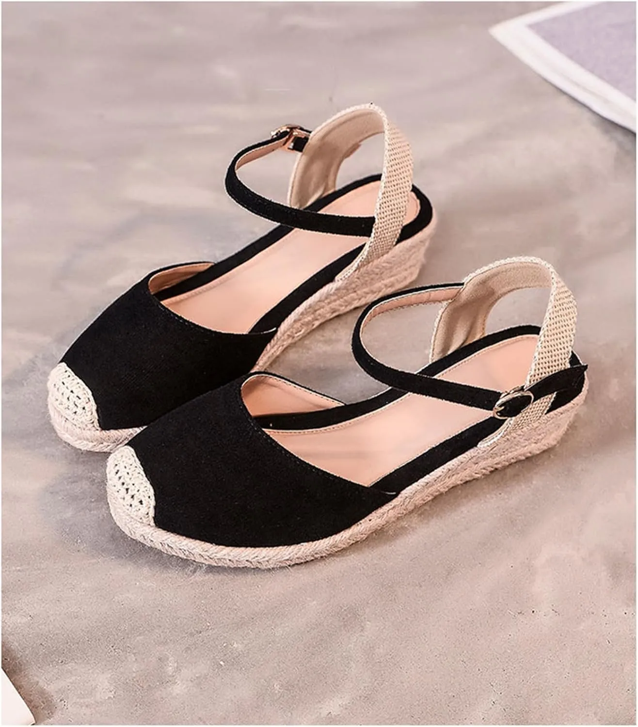 FAIRSOMA Women'S Woven Wedge Espadrilles Sandals With Adjustable Ankle Strap Buckle,Summer Classic Close Round Toe Middle Heel Backless Platform Dress Shoes Casual Retro Beach Sandals