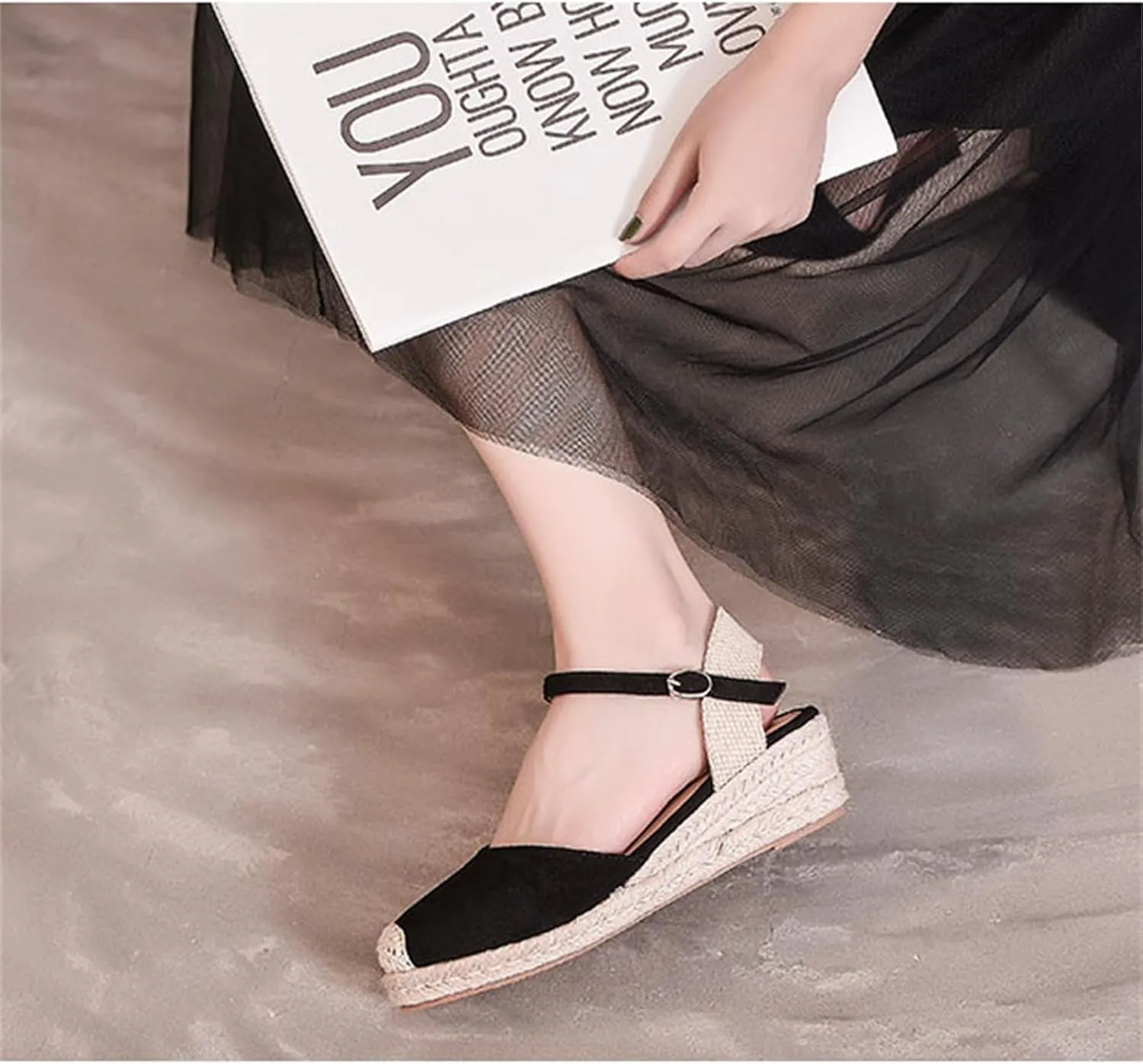 FAIRSOMA Women'S Woven Wedge Espadrilles Sandals With Adjustable Ankle Strap Buckle,Summer Classic Close Round Toe Middle Heel Backless Platform Dress Shoes Casual Retro Beach Sandals