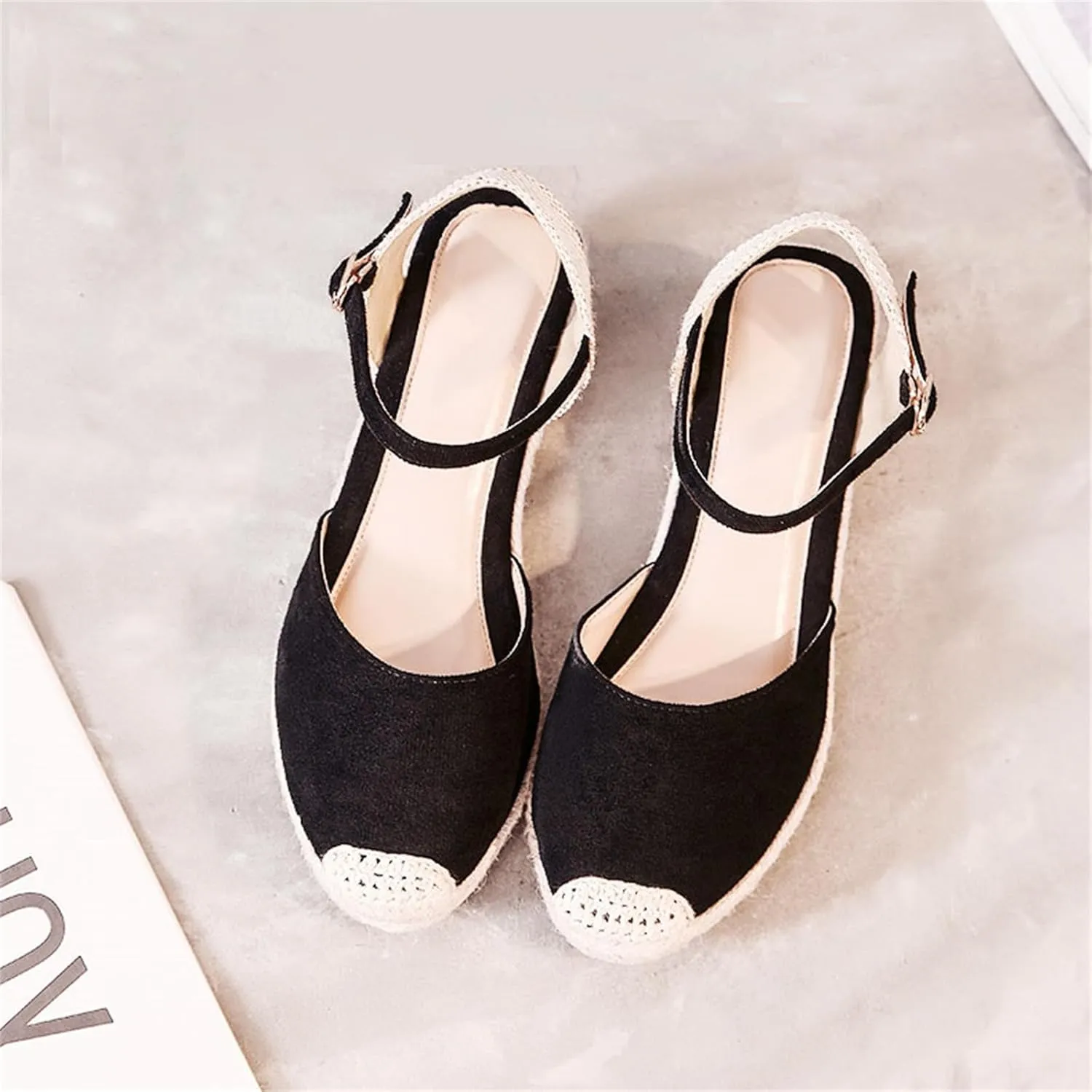 FAIRSOMA Women'S Woven Wedge Espadrilles Sandals With Adjustable Ankle Strap Buckle,Summer Classic Close Round Toe Middle Heel Backless Platform Dress Shoes Casual Retro Beach Sandals