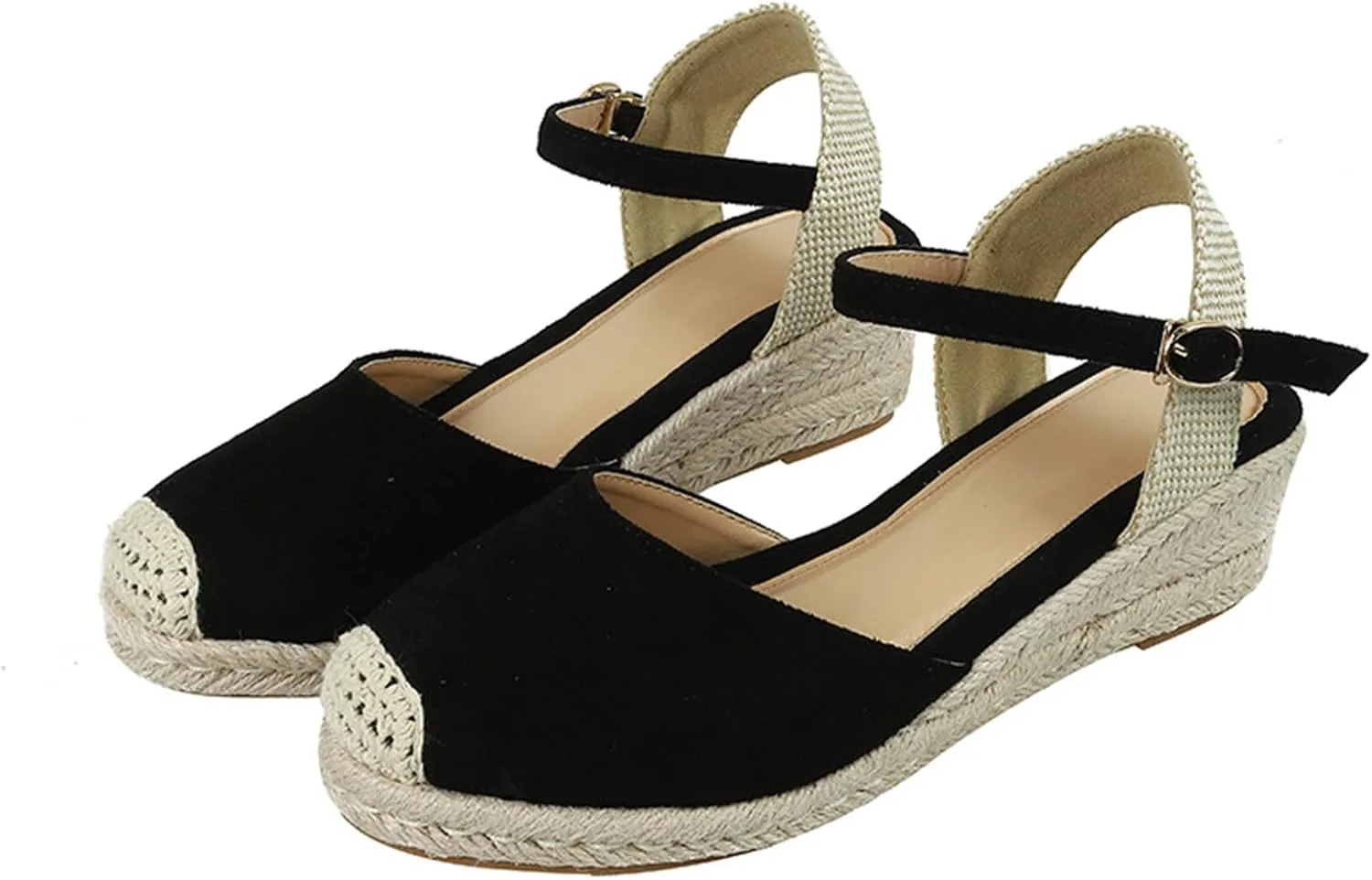 FAIRSOMA Women'S Woven Wedge Espadrilles Sandals With Adjustable Ankle Strap Buckle,Summer Classic Close Round Toe Middle Heel Backless Platform Dress Shoes Casual Retro Beach Sandals