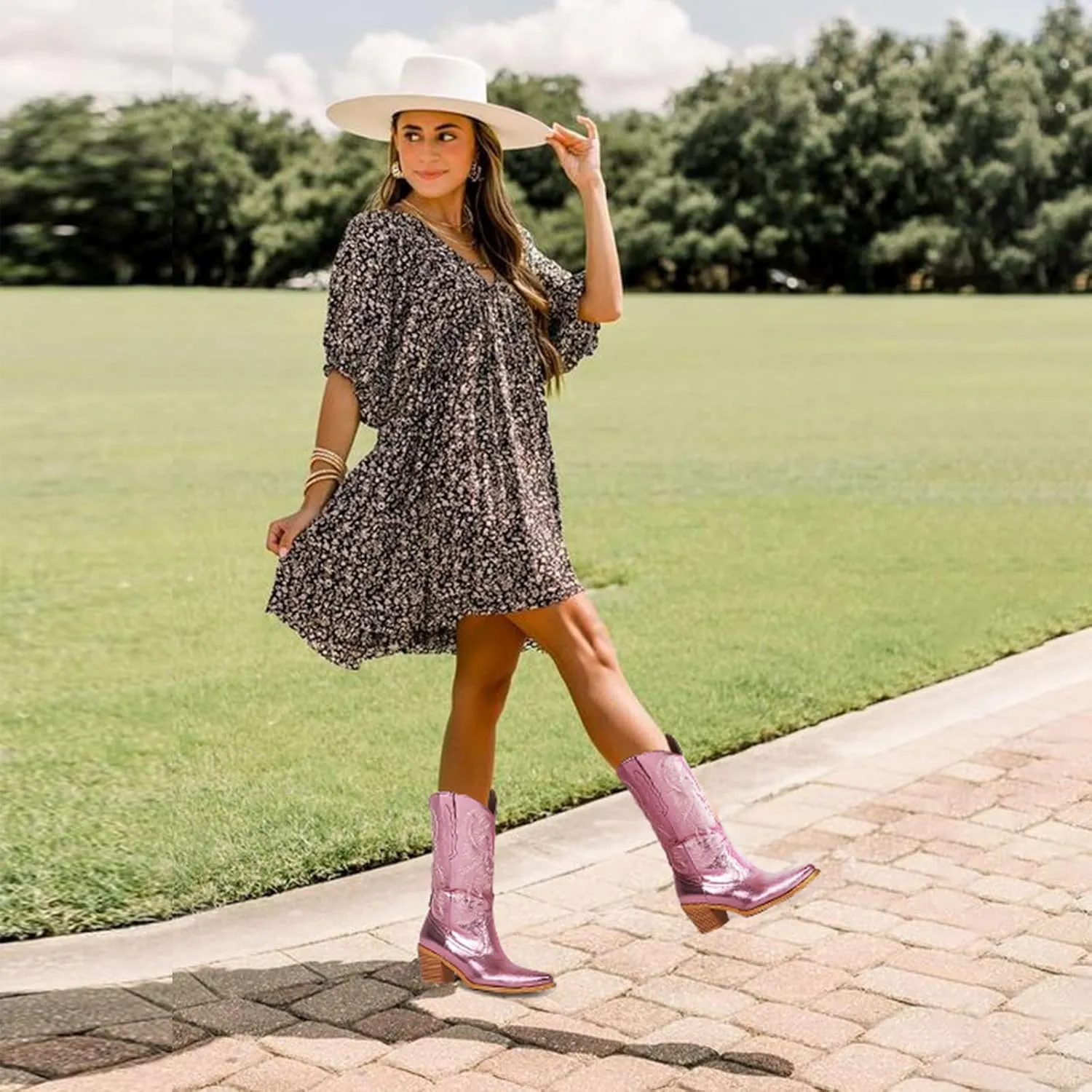 femflame Cowboy Boots For Women,Pointed Toe Embroidered Mid Calf Cowgirl Boots Pull On Zipper Chunky Heel Western Boots