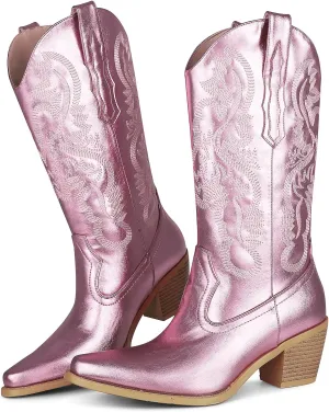 femflame Cowboy Boots For Women,Pointed Toe Embroidered Mid Calf Cowgirl Boots Pull On Zipper Chunky Heel Western Boots