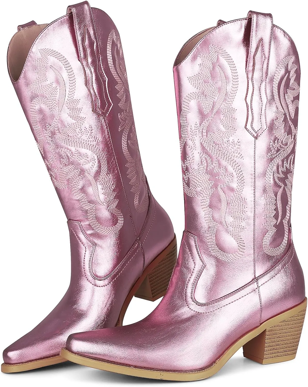 femflame Cowboy Boots For Women,Pointed Toe Embroidered Mid Calf Cowgirl Boots Pull On Zipper Chunky Heel Western Boots