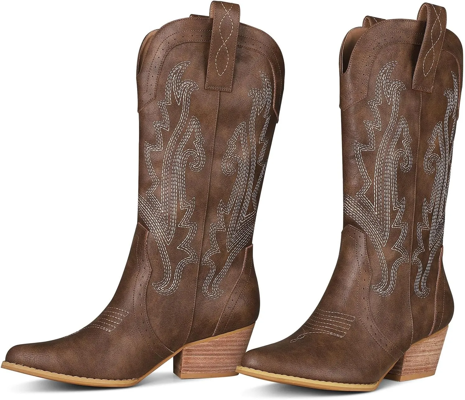 femflame Womens Cowboy Boots for Women Pointed Toe Chunky Heel Mid Calf Cowgirl Boot Embroidered Western Boots