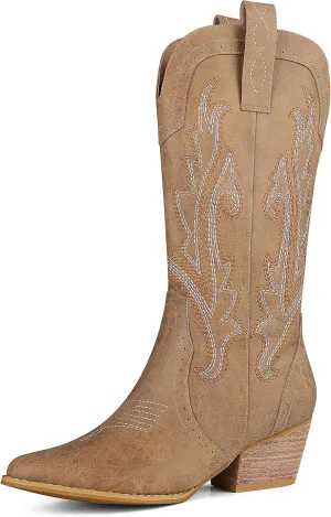 femflame Womens Cowboy Boots for Women Pointed Toe Chunky Heel Mid Calf Cowgirl Boot Embroidered Western Boots