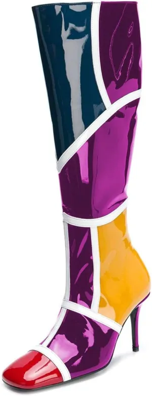 FSJ Women Colorful Square Toe Knee High Long Boots Stylish Multicolor Stiletto High Heels Side Zipper Patent Leather Shoes Size 4-15 US