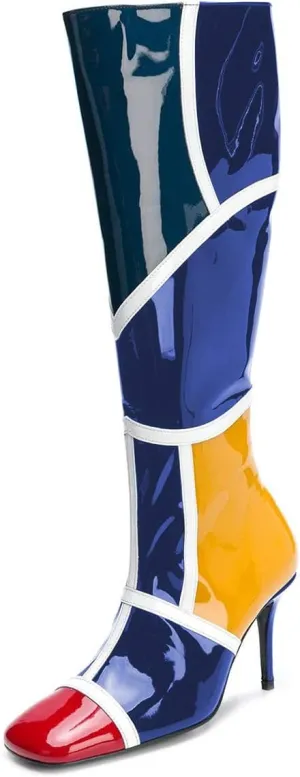 FSJ Women Colorful Square Toe Knee High Long Boots Stylish Multicolor Stiletto High Heels Side Zipper Patent Leather Shoes Size 4-15 US