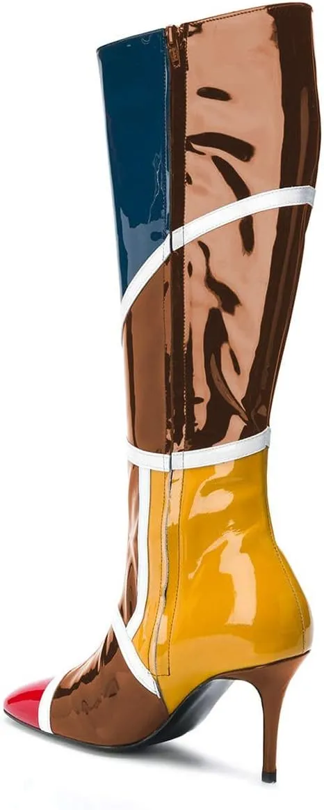 FSJ Women Colorful Square Toe Knee High Long Boots Stylish Multicolor Stiletto High Heels Side Zipper Patent Leather Shoes Size 4-15 US