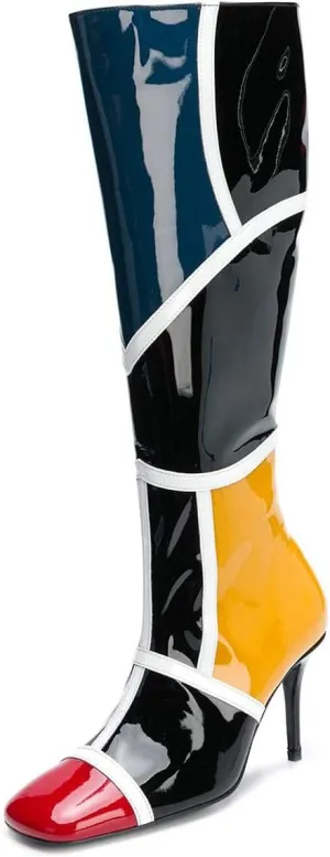 FSJ Women Colorful Square Toe Knee High Long Boots Stylish Multicolor Stiletto High Heels Side Zipper Patent Leather Shoes Size 4-15 US