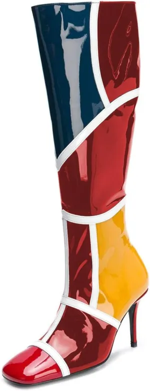 FSJ Women Colorful Square Toe Knee High Long Boots Stylish Multicolor Stiletto High Heels Side Zipper Patent Leather Shoes Size 4-15 US