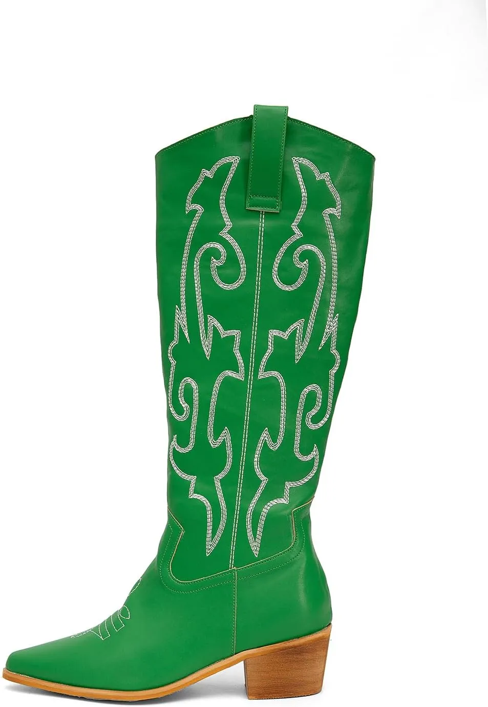 getmorebeauty Women's Western Cowboy Boots Knee-High Black Leather Embroidered Pointed Toe Chunky Heel Slip On Fashion Chevalier Boots