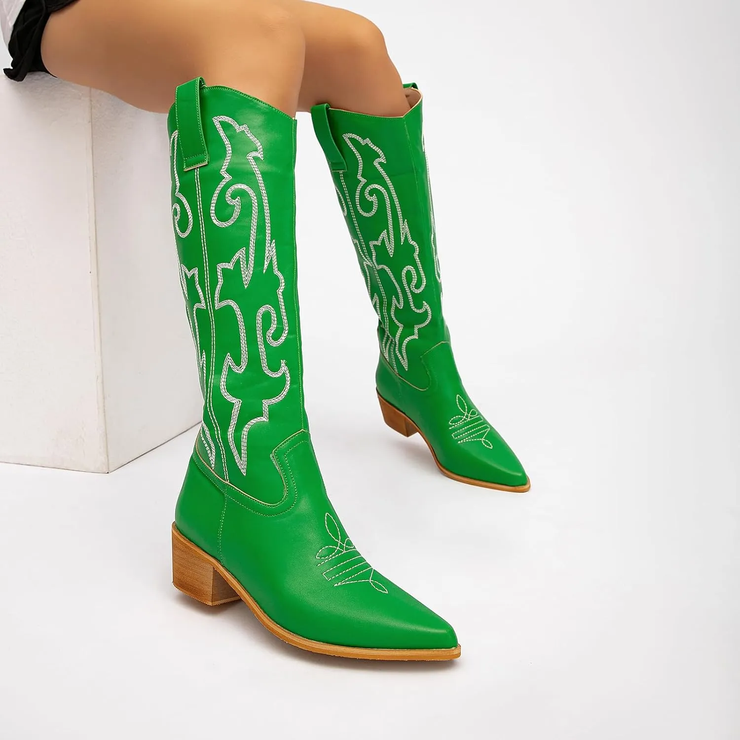 getmorebeauty Women's Western Cowboy Boots Knee-High Black Leather Embroidered Pointed Toe Chunky Heel Slip On Fashion Chevalier Boots