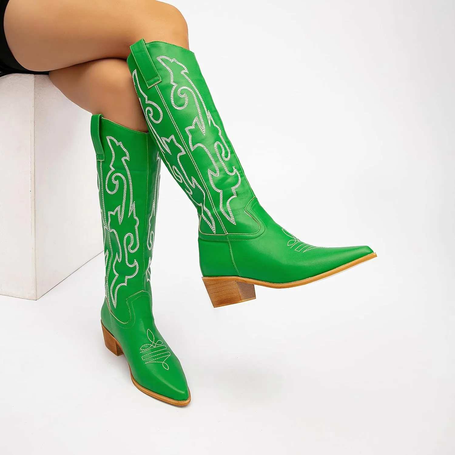 getmorebeauty Women's Western Cowboy Boots Knee-High Black Leather Embroidered Pointed Toe Chunky Heel Slip On Fashion Chevalier Boots