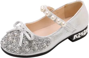 Girls Mary Jane Dress Shoes Comfort Glitter Ballet Flats Bow Pearl Ankle Strap Sandals For Toddler