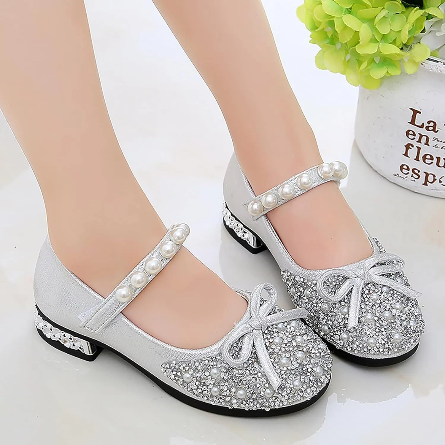 Girls Mary Jane Dress Shoes Comfort Glitter Ballet Flats Bow Pearl Ankle Strap Sandals For Toddler