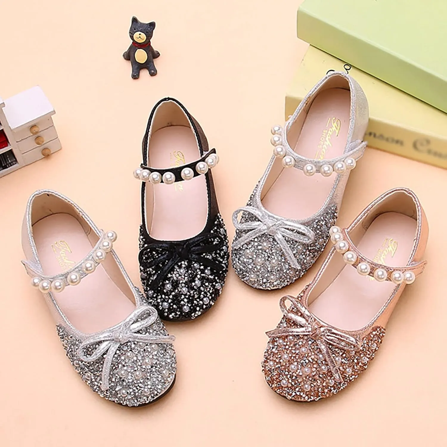 Girls Mary Jane Dress Shoes Comfort Glitter Ballet Flats Bow Pearl Ankle Strap Sandals For Toddler